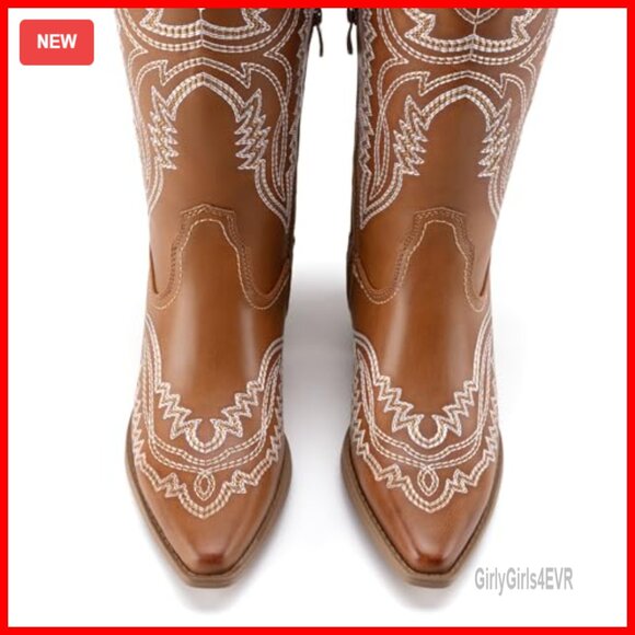 Women's Square Toe Embroidery Western Mid Calf Cowboy Boots - Picture 5 of 7